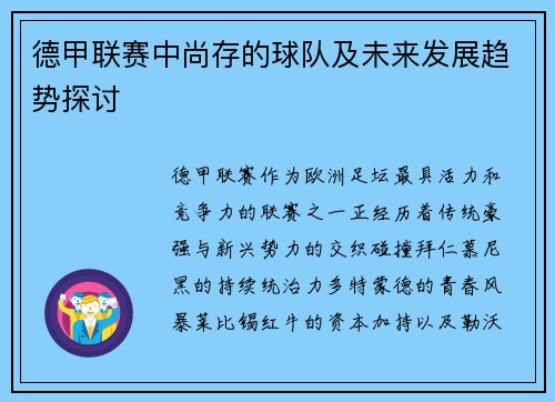 德甲联赛中尚存的球队及未来发展趋势探讨